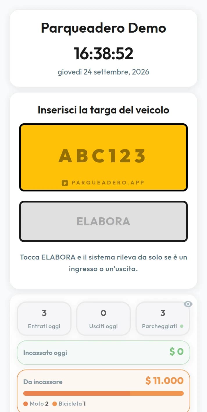 Software per la gestione dei parcheggi: il pannello con la targa ABC123 e tre veicoli dentro