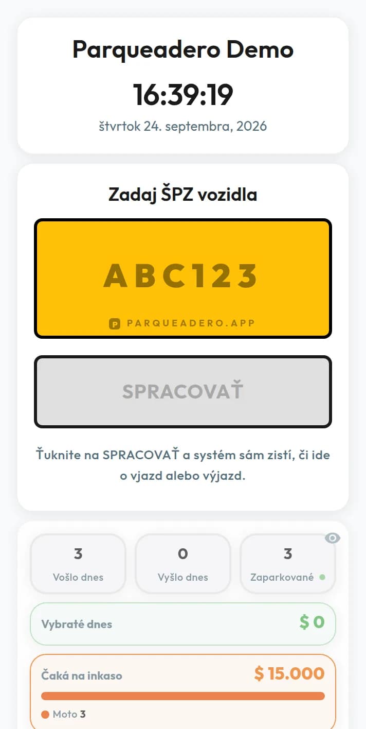 Softvér na správu parkoviska: panel so ŠPZ ABC123 a tromi zaparkovanými vozidlami