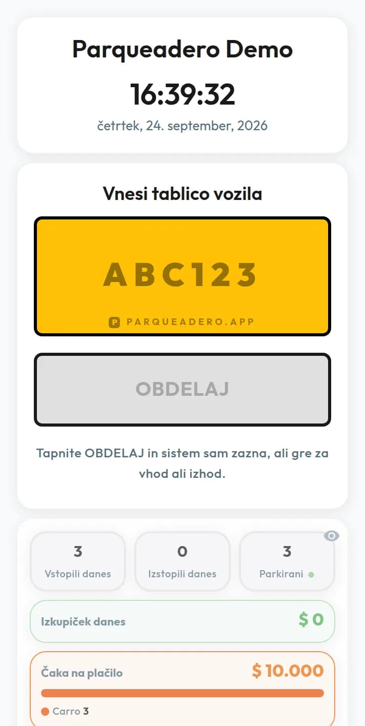Programska oprema za upravljanje parkirišč: nadzorna plošča s tablico ABC123 in tremi parkiranimi vozili